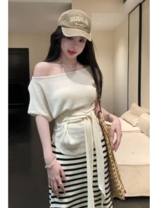 YUEZHONGWEI | Elegant White Slanted Shoulder Top and Skirt Set