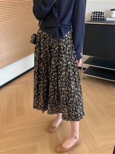 High Waist Floral Print Pleated Straight A-Line Mini Skirt Womens Loose Slimming Skirts Autumn New Style Commute Korean Version