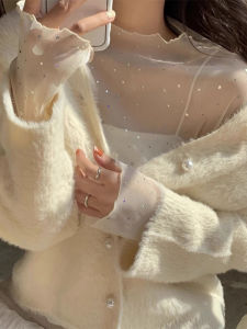 Early Autumn Trendy Mesh Thin Lace Bottoming Shirt Womens Long-Sleeved Sweater Fur Inner Transparent Gauze Clothes Sequined Top