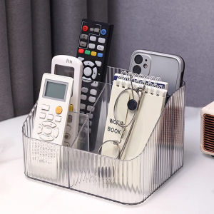 1pc Transparent desktop storage box for home use with compartments remote control makeup brush organizer