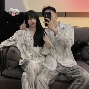 Stylish Pajama Set for Men and Women Ice Silk Long-Sleeved Loungewear Couple Satin Thin Pajama Set