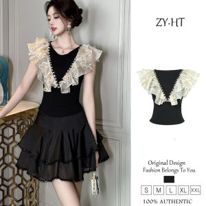 91632 Kemeja Hitam อเนกประสงค์สำหรับผู้หญิงเสื้อผ้าจับจีบใช้ตกแต่งดีไซน์ฝรั่งเศสใหม่สำหรับฤดูร้อน2025