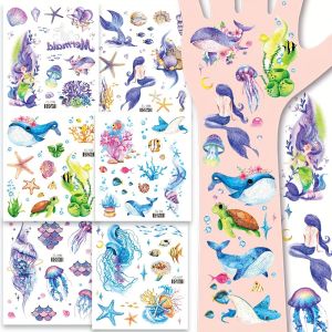 6 แผ่นการ์ตูน Ocean Mermaid รอยสักชั่วคราวสําหรับเด็กผู้หญิง Glitter กันน้ํา Face Tattoo สติกเกอร์สําหรับ Party Favors ของขวัญ