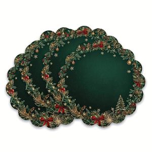 VIKAMA 4-Piece Christmas Round Wavy-Edge Placemats with Pine Branch Bows Holiday Gathering Table Decor and Accessories