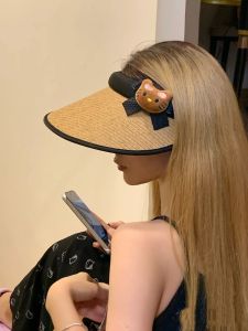 ฤดูร้อน สีดำ หมวกฟางคิตตี้ ป้องกันแสงแดด ปีกใหญ่ น่ารัก ขี่เปล่า เสื้อท่อนบน หมวก ผู้หญิง แฟชั่น ลำลอง หมวกเดินทาง การ์ตูน ลาย