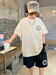 Pure Cotton Half Sleeve T-Shirt And Pants Set for Boys Summer Fashionable White T-Shirt Short Sleeve Top for Middle And Big Children