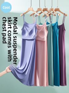 Modal Chest Pad Sling Dress Womens Summer Thin Wear-Free Bra Nightdress Casual Plus Size Inner Dress