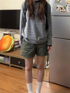 Quần Short Denim Xanh Quân Đội Cạp Cao Phong Cách Hàn Quốc Cho Nữ Mùa Hè 2025 Quần Ống Rộng Đa Năng