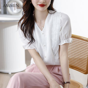 AMMIN เสื้อชีฟองลูกไม้คอวีแขนสั้นสำหรับผู้หญิงแขนพองหวานขอบแต่งระบายอัดเสื้อหรูหราสวยงามฤดูร้อน