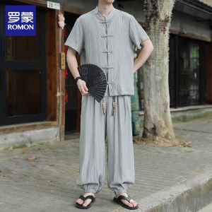 ROMON | Chinese Style Short Sleeve Summer Casual Two Piece Set
