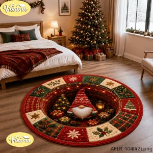 VIKAMA Christmas Round Rug 3D Whirlpool Design with Christmas Elves Non Slip Carpet for Bedroom Living Room Washable Home Decor