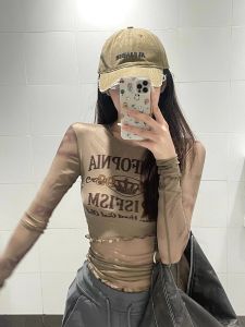 เสื้อยืดแขนยาวผ้าตาข่ายพิมพ์ลายเผ็ดร้อนสำหรับผู้หญิงในฤดูใบไม้ผลิ เสื้อชั้นในบางทรงเข้ารูป ผ้าไหมน้ำแข็ง ปกป้องจากแสงแดด สไตล์อเมริกัน เสื้อตัวบน