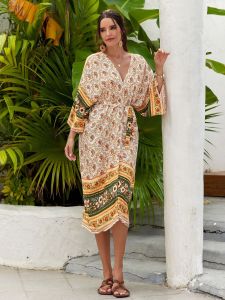 2024 บิกินี่เรโทรคลุมเสื้อ Kaftan ชายหาดพิมพ์ลายโบโฮสำหรับผู้หญิงชุดว่ายน้ำคาดิแกนมีเข็มขัดขนาดใหญ่