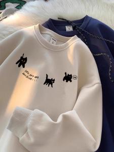 American Style Retro Cat Print Fleece Lined round Neck Sweatshirt for Boys Youth Casual Comfortable Long Sleeve T-Shirt