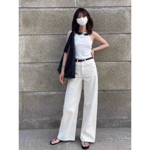 White Vintage High Waist Straight Fit Cotton Pants
