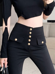Black Weila Suit Pants for Women 2023 Spring/Summer Fancy Breasted High-Waisted Trousers Drape Casual Mop Bell-Bottom Pants Tide