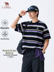CAMEL | American Vintage Stripe Print Color Block Short Sleeve T Shirt