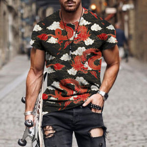 Animal Dragon Print Short Sleeves Fashion Silm Animal Dragon Pattern Print Short Sleeve