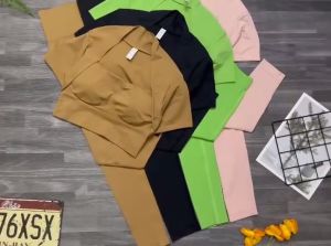 Bộ đồ tập gym yoga aerobic thể thao nữ bao gồm áo croptop ngắn tay kèm mút và quần dài cạp cao chất liệu thun lạnh BINSPORTS BD237