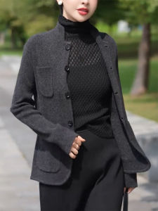 QINGNAER | Slimming Large Size Stand Collar Button Womens Cardigan Sweater