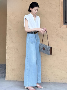 Light Color Large Wide Leg Denim Womens Spring Summer High Waist Loose Slim Looking Loose Pants Elephant Leg Loose Trousers Mop Pants
