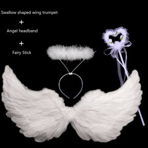 [Local Delivery]  Kids White Angel Wings Halo and Fairy Wand for Costume Feather Wingsare for Halloween Christmas Eve