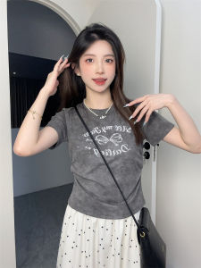 เสื้อยืดแขนสั้นผู้หญิงทรงเข้ารูปสไตล์เกาหลี ลายตัวอักษร ลายผีเสื้อ คอตุ้ม ทรงเข้ารูป ทรงเข้ารูป แขนสั้น คอตุ้ม เสื้อผ้าทำงาน