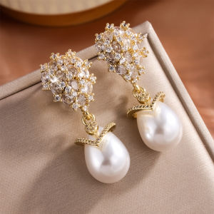 ZAKOL Luxury Big Teardrop Pearl Drop ต่างหูสําหรับผู้หญิงดอกไม้ Shiny Zircon งานแต่งงานเครื่องประดับของขวัญ