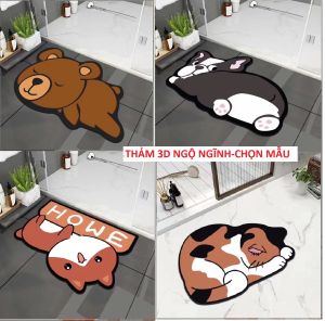 Thảm Chùi Chân Silicon Trải Sàn Hình Thú Cắt 3D Mặt Đế Cao Su Chống Trơn Trượt Cao Cấp 40*60cm