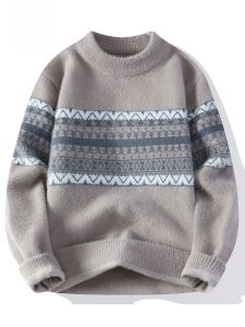 ROMON | Romon Mens Knitted Sweater Thickened Loose Casual Round Neck Winter Warm Long Sleeve Youth Fashion Basic Style Comfortable Fit