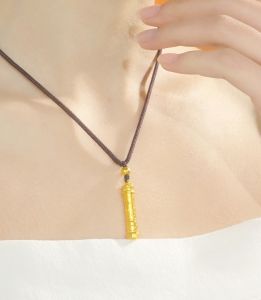 ZHOU LIU FU 周六福 24K Solid Gold Cylinder Pendant Necklaces Gold Pillar Chinese Ancient Style Pendants Gold Bar Brown Braided Chain Necklace Jewelry for Men Women Anniversary 25.6-29.5"/65-75cm A0415223