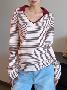 QINGNAER | Retro Loose Color Block Striped T-Shirt Long Sleeve
