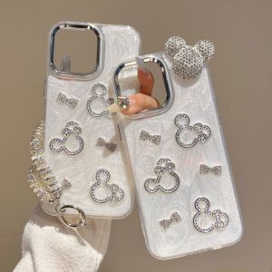【ขายดี】เคสโทรศัพท์ IMD ลายหัวมิคกี้ประดับเพชรและโบว์สำหรับ iPhone 11 12 13 14 15 16 17