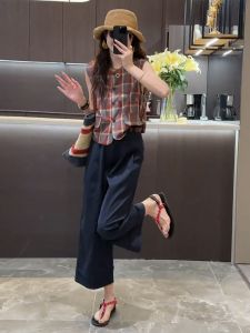 Bộ Đồ Hai Mảnh Kẻ Caro Thời Trang Mùa Hè 2025 Áo Sơ Mi Và Quần Ống Rộng Cạp Cao Cho Phụ Nữ Nhỏ Nhắn