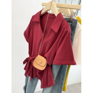 AIYITI | Unique Stylish Red Short-sleeved Polo-neck T-shirt Summer Plus Size Slimming