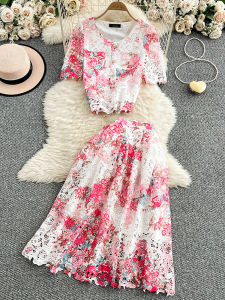 ชุดกระโปรงสั้นแขนสั้นคอตั้งเอวสูงลายดอกไม้ลูกไม้สไตล์ฝรั่งเศส ชุดแฟชั่นสองชิ้น ชุดทำงานผู้หญิง