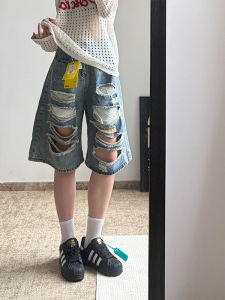 QIANCHANGNAAI | American Vintage Ripped Denim Shorts High Waist Loose Wide Leg