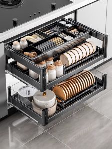 Modern Aluminum Alloy Kitchen Cabinet Pull out Basket Three Layers Drawer Style Dishware Rack Storage Bowl Basket Stand