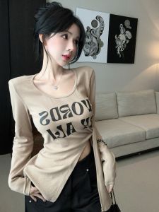 GUZILIAN | Trendy Letter Hole Design Binding Base Shirt Womens Fashion Slim Fit Shoulder Pad Autumn Season Long Sleeve Round Neck Top