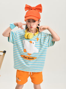 Original Design Pure Cotton Striped Cartoon Print Short Sleeve T-Shirt for Girls Summer Baby Clothes Sweat Absorbent round Neck