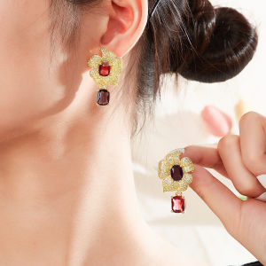 Sequito tinh tế trang sức nữ đầy màu sắc AAA đá Cubic Zirconia hình hoa Bông tai kiểu treo lủng lẳng tiệc vàng bạc đồ trang sức se973
