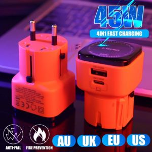 45W All-in-one Universal Travel Adapter Fast Charger with Dual Type-C Cable UK EU US AU Plug Adapter For iPhone Samsung Xiaomi