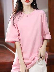 เสื้อยืดแขนสั้นผู้หญิงผ้าฝ้ายแท้หลวมๆ สไตล์เกาหลี ทรงยาวปานกลาง เสื้อผ้าทำงานฤดูร้อน เสื้อตัวบนคลุมสะโพก