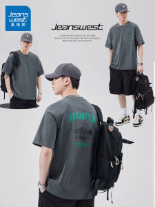 Jeanswest Pure Cotton Short Sleeve T-Shirt Mens Summer Loose American Print Half Sleeve Heavy Body Shirt Youth Fashion Breathable