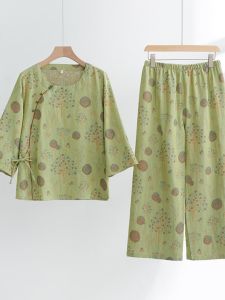 Chinese Style Pure Cotton Double Layer Muslin Embroidered Sleepwear Long Sleeve round Neck Home Clothes for Ladies Summer Thin