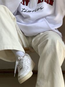 White Corduroy Pants Womens Spring Autumn Winter Fleece Lined Korean Style Drapey Lazy Loose Casual Wide Leg Rice Noodle Walking Pants