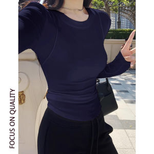 Áo thun nữ LUOFEN tay dài cotton cổ tròn dáng ôm