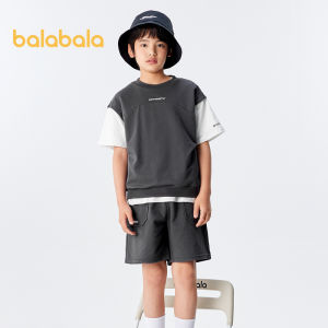 Balabala Childrens Clothing Childrens Suit Summer Boys Short Sleeve Two Piece Cotton Sports Parent Child Cool Color Contrast