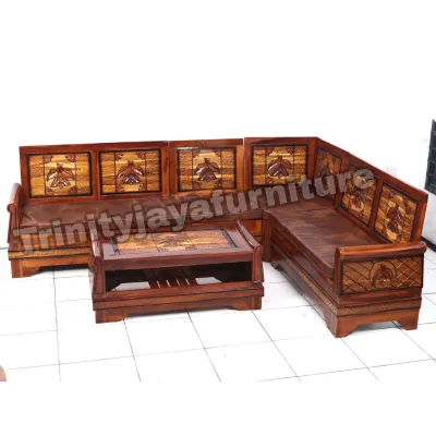 Sofa Kursi Jati Bentuk L 2+2+1+Sudut+Meja+Kaca+Jok