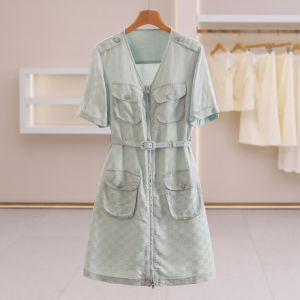 Multiple Pockets Dual Zip Roll Up Sleeve Dress